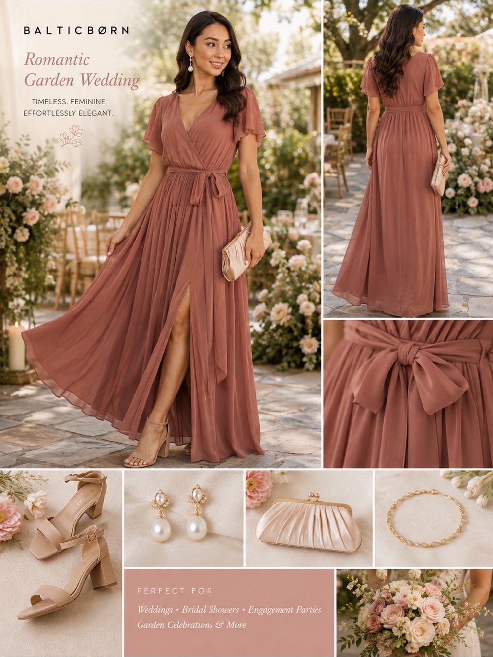 Baltic Born Kristina Maxi Dress Dusty Rose M Slit Wedding Faux Wrap Belted C6 - Picture 2 of 14